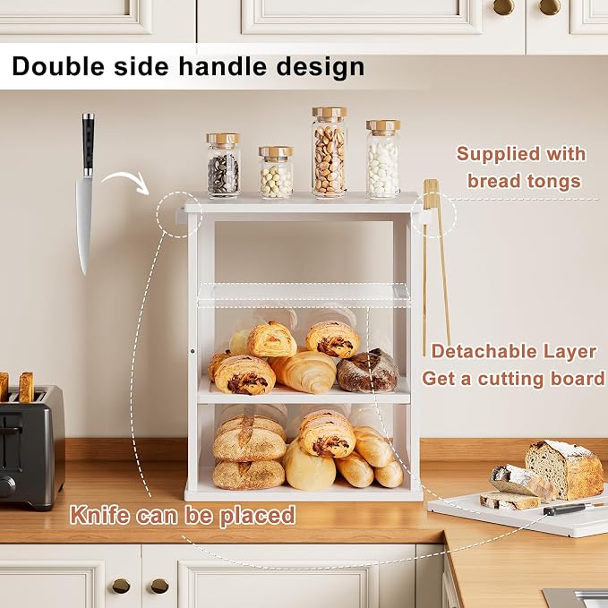 WOWLIVE Bread Box for Kitchen Countertop, 3 Layers Bread Storage Container | Large Bamboo Bread Bin for Homemade Bread with Window, Farmhouse Breadbox Organizer for Kitchen, Cabinet, White, Extra Large - Image 5