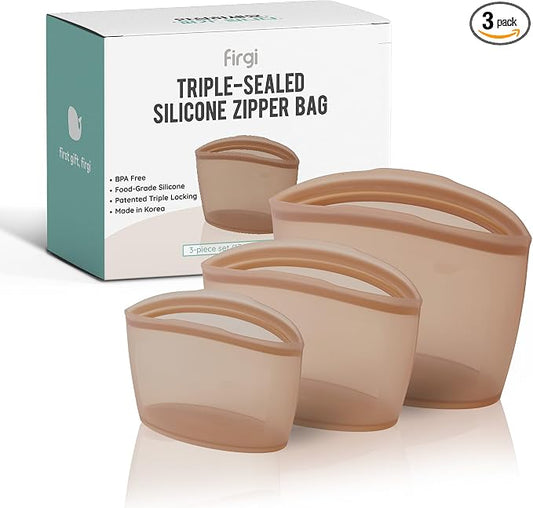 Reusable Silicone Food Storage Bags, 3-Pack Variety Set (2, 3.5, 6 Cups), Made in Korea BPA-Free Silicone, Triple-Airtight Freezer Bags, Microwave Safe, Sous Vide, Zip Lock Pouch, Brown by FIRGI-FirstGift