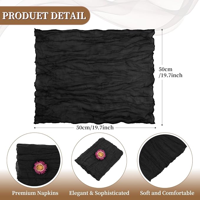 fani 100 Pack Gauze Cheesecloth Napkins, 20 x 20 in, Black | Wrinkled Table Napkins, Soft Cotton, Rustic Decorative, Weddings, Party, Dinner Table, Everyday Use - Image 2
