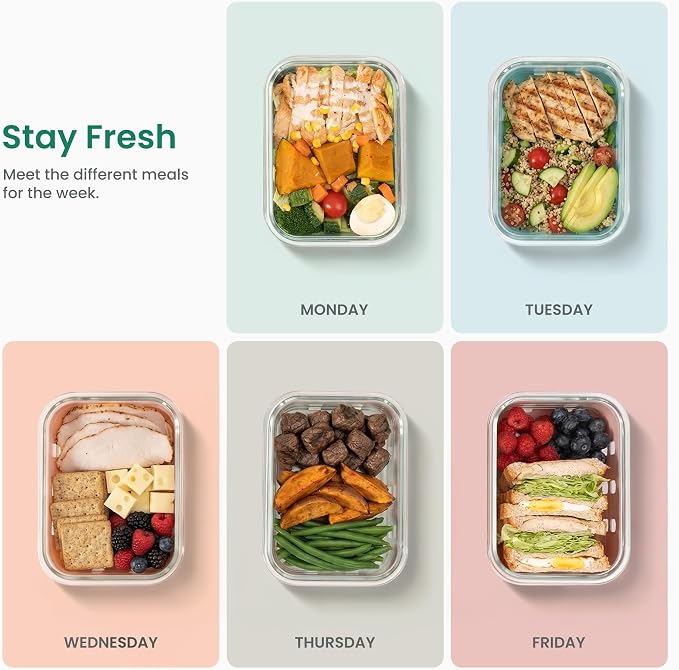 Glass Meal Prep Containers 5 Pack, 4.4 Cup Airtight Leakproof Lids, Borosilicate Glass Food Storage Containers, Microwave Oven Freezer Safe, BPA Free Lunch Containers - Image 8