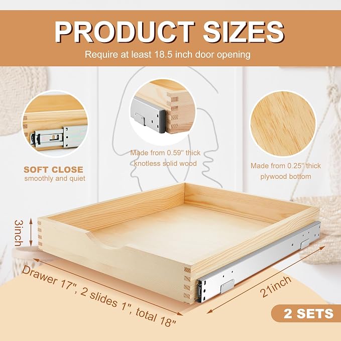 2 Set Wooden Pull out Cabinet Organizer Fully Assembled Slide out Pantry Drawer with Gentle Close Storage Shelf Tray for Base Kitchen Under Sink Bathroom Accessory(Wood Color,18'' X 21'' X 3'') - Image 3