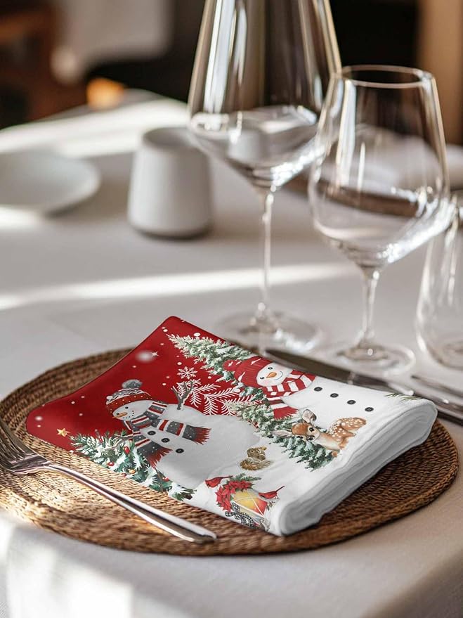 Red Christmas Snowman Dinner Cloth Napkins Set of 8, Xmas Trees Snowflake Snow Washable Cocktail Cloth Napkins, Winter Holiday Reusable Table Napkins for Wedding Holiday Party, 20 x 20 Inch - Image 4