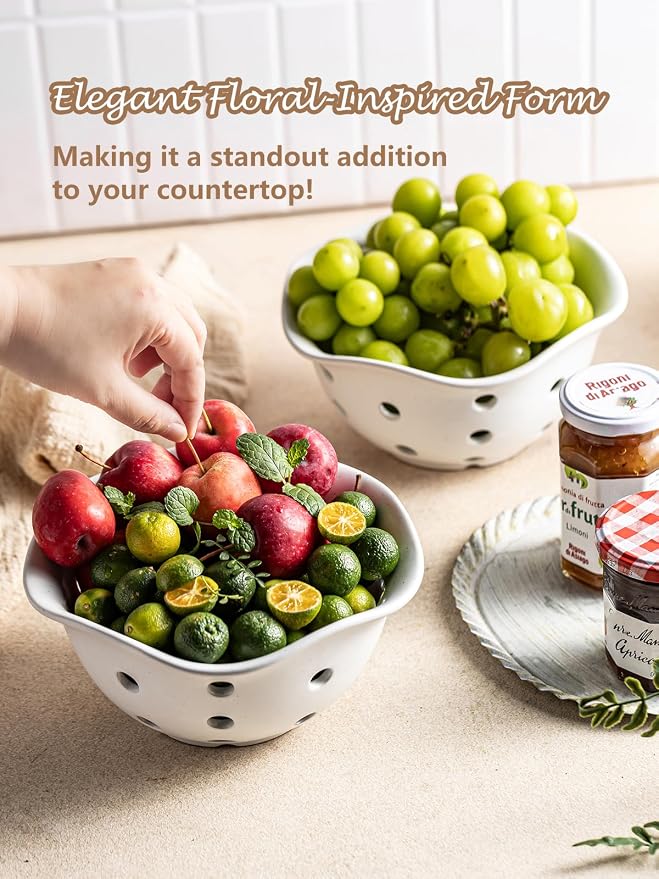 Gomakren Fruit Basket Set of 2, Ceramic Fruit Bowl Berry Basket with Holes, 7.6 Inch Fruit Containers Colander for Fridge - Farmhouse Kitchen Decor, Cream White - Image 5