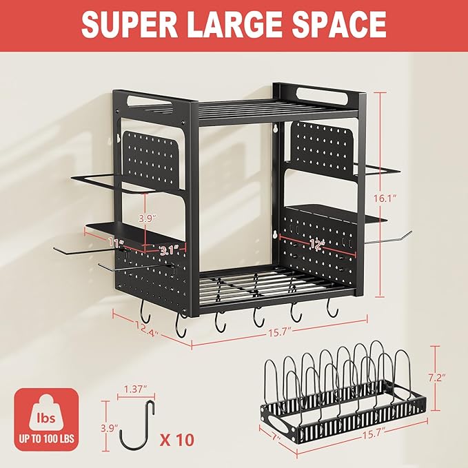 Wall Mounted 16" Pot Rack，2 Tier Kitchen Pots & Pan Organizer with 10 Hooks | Spice Rack & Pot Lid Holder, Heavy Duty Steel Pot and Pan Hanger for Kitchen Cookware Utensils Storage - Image 2