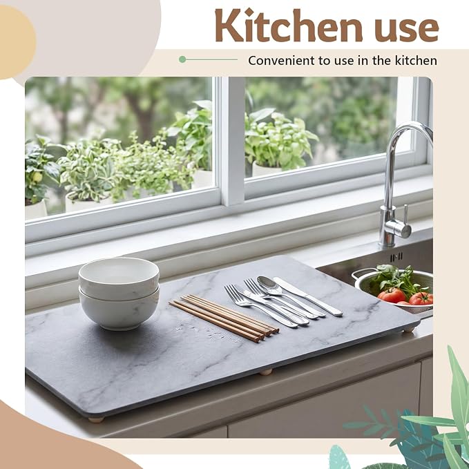 1 Pcs 32" x 18" Extra Large Stone Dish Drying Mat for Kitchen Counter Marble Diatomaceous Earth Mat with Wooden Feet Absorbent Quick Dry for Pot Dishes Bottles Cups Bottles Tableware - Image 6