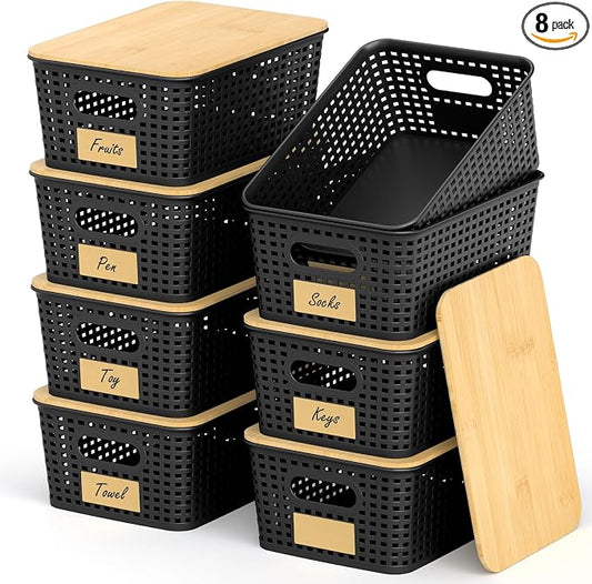 Stackable Storage Baskets: 8 Pack Plastic Baskets Bins, Black | Decorative Baskets for Organizing, Pantry Decorative Containers for Closets, Cabinets, Shelves by Uvellgift