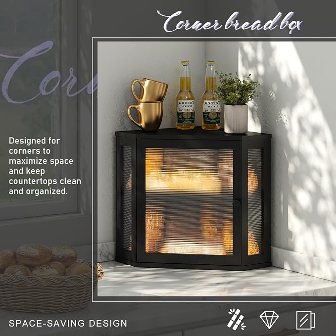 Corner Bread box for Kitchen Countertop,Farmhouse Acrylic Wavy Door Panel Food Storage Large White Bread box Container - Image 3