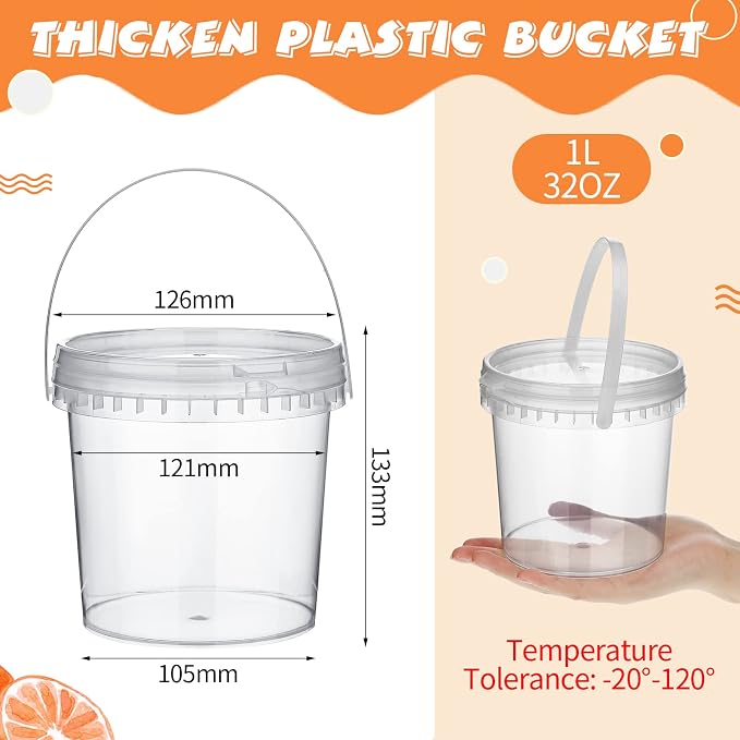 Skylety 24 Pcs Ice Cream Tub with Lid and Handle, 32oz Plastic Freezer and Microwave Safe Food Storage Containers, Airtight Pails Container for Snacks Deli Food Fruit, Leakproof Bucket (Clear) - Image 2