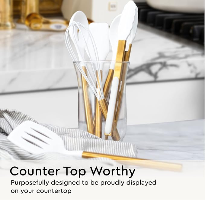 Gold Kitchen Utensils Set – 6 PC White Silicone and Gold Cooking Utensils with Spatula, Whisk, Tongs, Spoons, Cooking Tools for Nonstick Cookware – Luxury Kitchen Accessories for Home Chefs | White Silicone and Gold Cooking Utensils with Spatula, Whisk... - Image 5