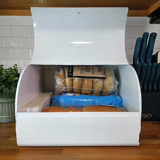 AuldHome Design Large White Bread Box; Farmhouse Enamelware Vintage Style Family Size Countertop Bread Bin - Image 2