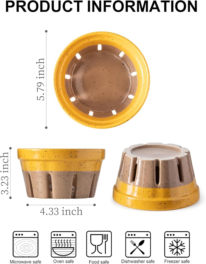 Gomakren Ceramic Berry Bowl Set of 2 Harvest Fruit Basket, Yellow + Brown | Drain Holes Keep Berries Fresh, Stackable, Wash & Serve | 5.8In Round Strawberry Grape Cherry Basket, Farmhouse Kitchen Decor - Image 2