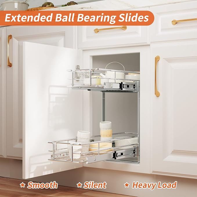 ROOMTEC Individual Pull Out Cabinet Organizer (9" W x 21½" D), 2 Tier Spice Rack Organizer for Cabinet, Slide Out Drawer Pantry Shelf Organization and Storage for Kitchen Bathroom - Image 2