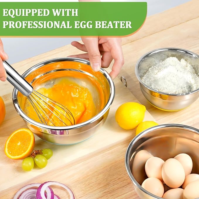 Mixing Bowls with Lids Set,10pcs Stainless Steel Mixing Bowls with Graters and Egg Whisk &Non-Slip Bottoms Food Prep Nesting Bowls for Baking, Cooking, Meal Storage(1.2QT-5.5QT) - Image 4
