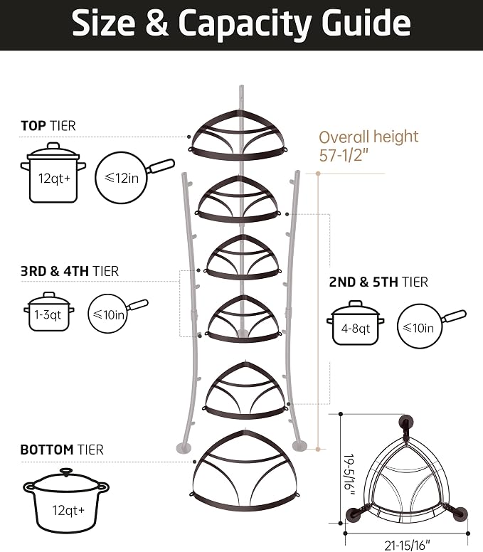 KES Oiled Bronze Freestanding Pot Rack, 6-Tier Cookware Stand, 6 Hooks | 264 Lbs Capacity, Cast Iron Pots and Pans Storage Tower for Kitchen, Stable Base, Anti-tip Strap & Floor Protectors - Image 6