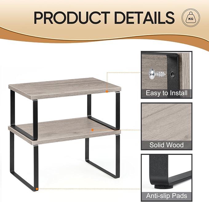 NEX Kitchen Cabinet and Counter Shelf Organizer, Shelf Riser for Pantry Countertop Cupboard Desk Top, Stackable & Expandable, Set of 4, Black and Greige | Stackable & Expandable Spice Rack, Space-Saving Pantry Organizers Bathroom Countertop Storage, Bl... - Image 6