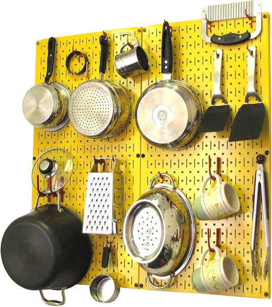 Wall Control Kitchen Pegboard Organizer Pots and Pans Storage Rack Organization Kit with Yellow Pegboard and Red Accessories by Wall+Control