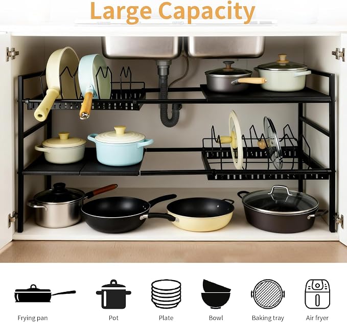 Pots and Pans Organizer Under Cabinet, Expandable Pots Organizers Inside Cabinet, Adjustable Height Under Sink Shelf 2 Tier with 10 Dividers Under Cabinet Shelf, Pot and Pan Lid Holder Rack (Black) - Image 6