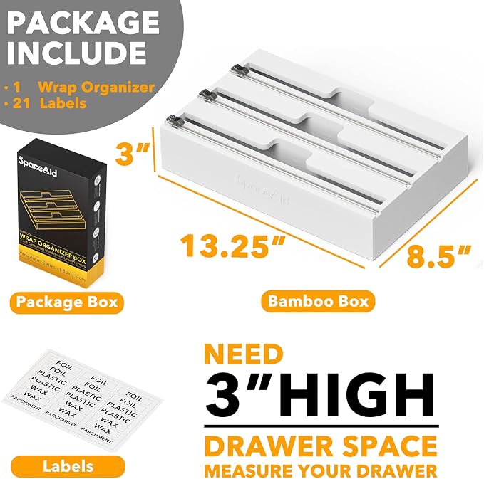 SpaceAid WrapNeat 3 in 1 Wrap Organizer with Cutter and Labels, Plastic Wrap, Aluminum Foil and Wax Bamboo Dispenser for Kitchen Storage Organization Holder for 12" Roll (White) - Image 3