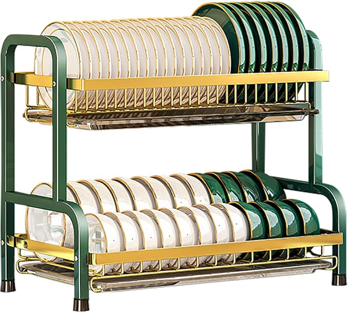 CAKERS Dish Drying Rack with Removable Drain Tray|Carbon Steel Dish Strainers for Kitchen Counter|Tableware Holder Dinnerware Drainer Organizer,Green-Gold,2 Tier(Extra Long)-Main Shelf by CAKERS