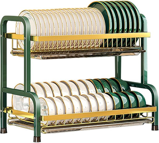 CAKERS Dish Drying Rack with Removable Drain Tray|Carbon Steel Dish Strainers for Kitchen Counter|Tableware Holder Dinnerware Drainer Organizer,Green-Gold,2 Tier(Extra Long)-Main Shelf by CAKERS