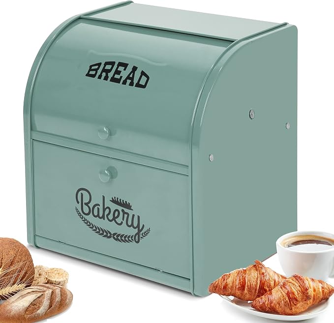 Stainless Steel Bread Box, 2 Layer Roll Top Bread Boxes, Large Capacity Food Storage Container for Kitchen Counter, Metal Bread Bin, Bread Holder for Countertop 11.8" x 9.6" x 12.8" (Green) - Image 8