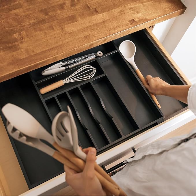 Silverware & Utensil Drawer Organizer, 16-28 in, Black Bamboo | Cutlery, flatware, food-safe contract grade, kitchen drawer fit - Image 7