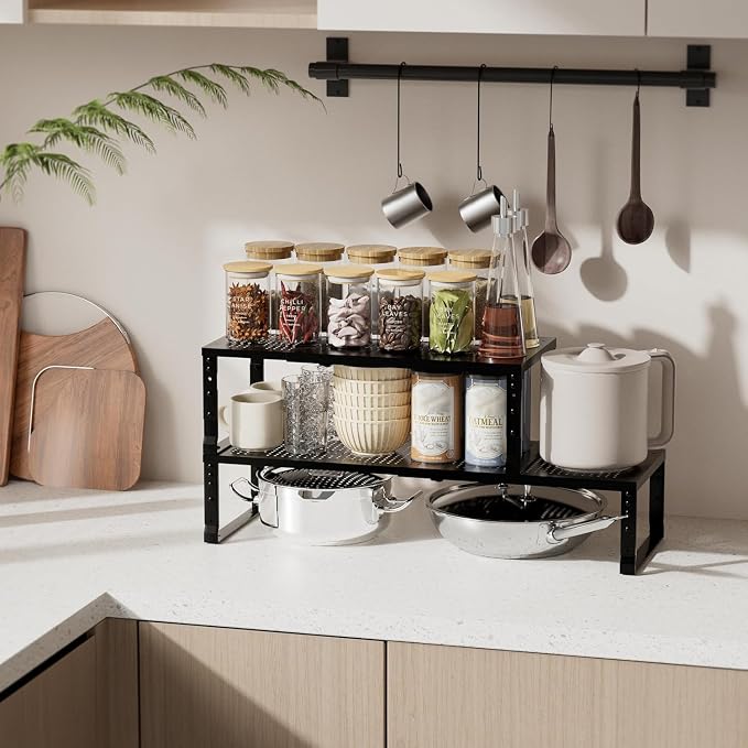 Expandable Spice Rack & Kitchen Cabinet Organizer - Stackable, Adjustable Shelves for Cabinets, Countertops, Cupboards & Pantries(3 Packs/Large/Black) - Image 2