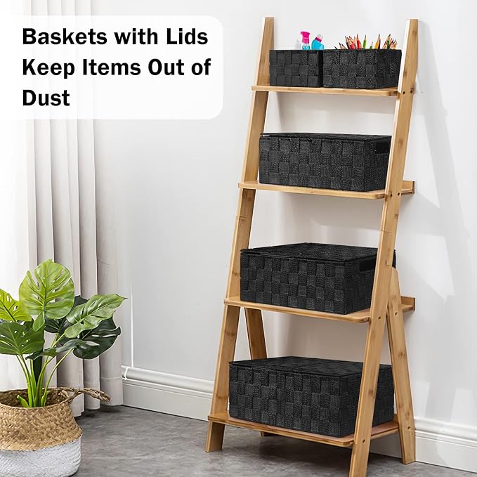 Storage Baskets with Lids: 5 Pack Stackable Woven Storage Bins, Black | Decorative Woven Baskets for Organizing with Built-In Handles for Shelves, Closets, Cabinets and Cubbies, Gift Small Basket - Image 3