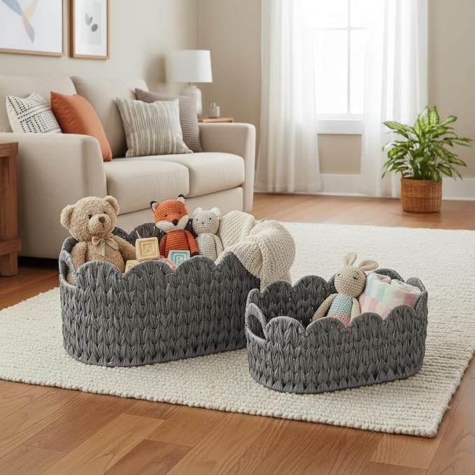 Coeusy Wicker Scalloped Basket Set of 2,Woven Storage Baskets for Shelves,Closet,Laundry,Gift,Towels,Books,Toys,Waterproof Cute Decor Basket for Organizing,Grey - Image 4