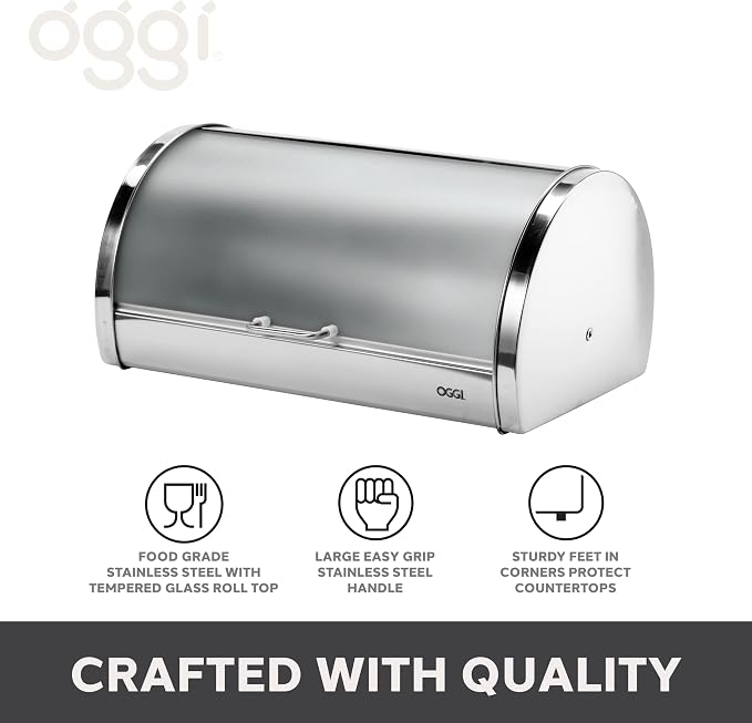 Oggi Stainless Steel Roll Top Bread Box for Kitchen Countertop with Frosted Plexilass Lid - Fits Multiple Loaves of Bread and Other Freshly Baked Goods Including Cookies, Bagels, Muffins - Image 5