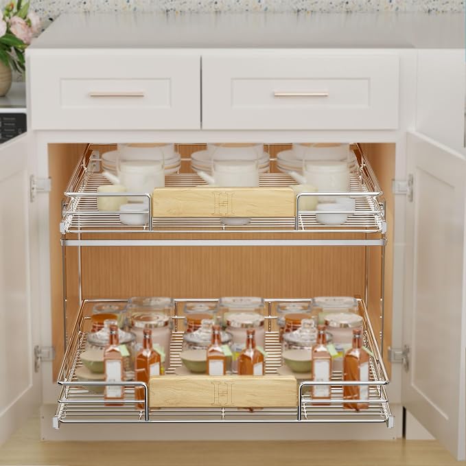 LOVMOR 2 Tier Pull Out Cabinet Organizer 28½" W x 21½" D, Slide Out Drawers with Wooden Handle, Sliding Shelves Organization and Storage for Kitchen, Pantry - Image 2