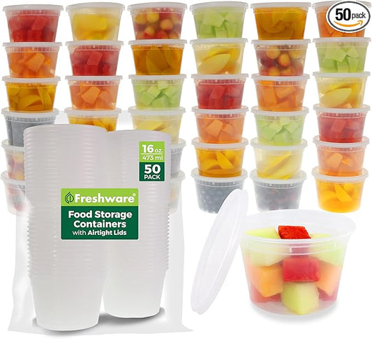 Freshware Food Storage Containers [50 Set] 16 oz Plastic Deli Containers with Lids, Slime, Soup, Meal Prep Containers | BPA Free | Stackable | Leakproof | Microwave/Dishwasher/Freezer Safe by Freshware