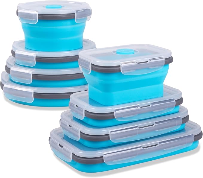 8 Pack Collapsible Food Storage Containers with Lids, Silicone Collapsible Food Containers, Collapsible Storage Containers Sets for Snack Camping RV, Microwave Freezer Dishwasher Safe, Blue - Image 7