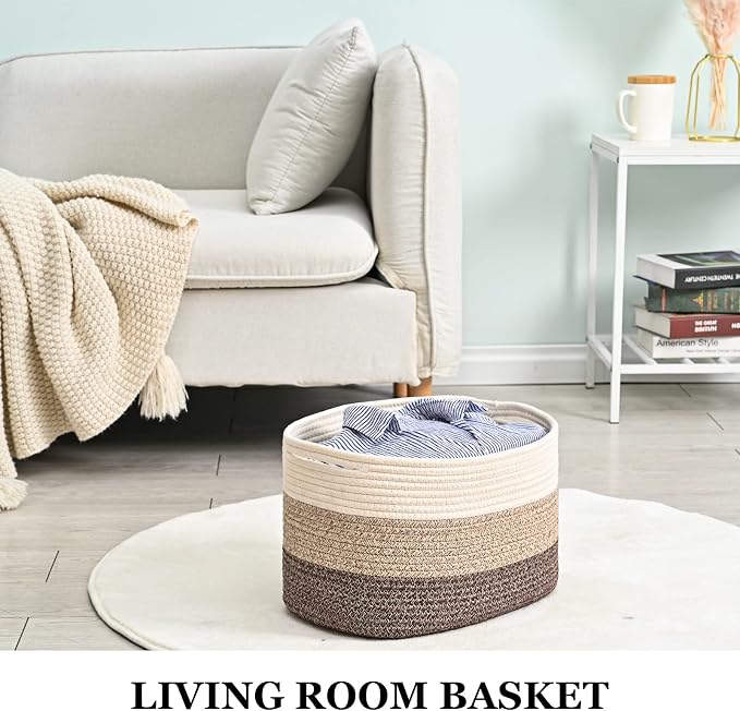 Cotton Rope Storage Baskets for Organizing 1Pack 15"x10"x9" Woven Baskets for Storage,Shelf Baskets Cube Storage Bins Towel Baskets for Bathroom,Toys Baskets Nursery Basket Laundry Baskets(White/Brown) - Image 7