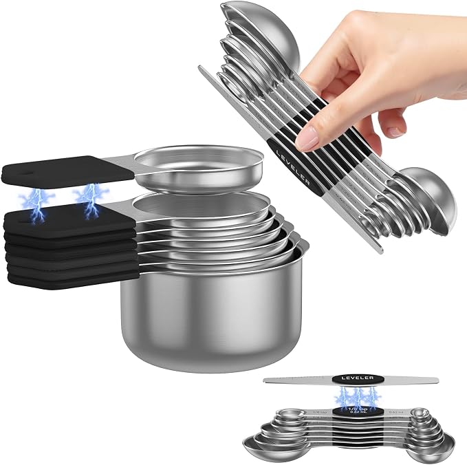 Magnetic Measuring Cups and Spoons Set – 304 Stainless Steel | Dual-Sided Markings | Space-Saving Kitchen Organizer | N52 Magnetic Nesting | 15-Piece with Leveler | Baking & Gift (Black) by Abtrino