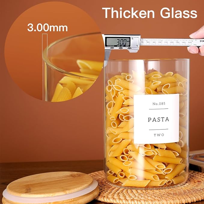 CZZGSM Set of 6 Glass Flour and Sugar jars with 132 Kitchen Pantry Labels - Thicken Large Glass Storage containers with Airtight Bamboo Lid - Rice Canisters for Salt Coffee - 100OZ/54OZ/27OZ - Image 6