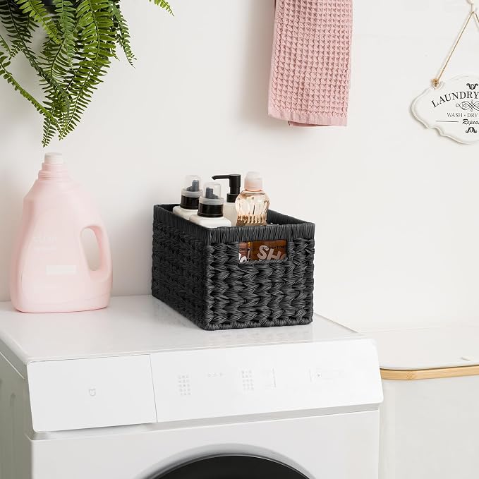 GRANNY SAYS Black Wicker Basket,Decorative Woven Baskets for Storage,2-Pack | Waterproof Plastic Black Baskets for Shelves,Storage Basket Organizer,Wicker Storage Basket for Organizing,Black Woven Basket - Image 8