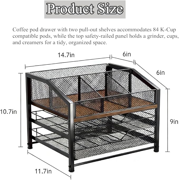 Coffee Bar Organizer - 2-Tier K-Cup & Coffee Pod Holder Stand with Dividers - Storage for Coffee Pods, K Cups, Syrup Bottles, Mugs, Creamer, Stirrers, Sugar Packets, Tea Bags - Image 2