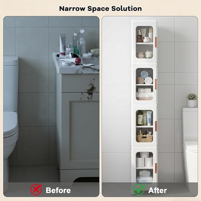 4-Tier Tall Narrow Plastic Storage Cabinet of 2, Foldable | Rolling Organizer with Lid,Doors,Stackable, Adjustable Shelves, Durable PP,Freestanding Bathroom Cabinet for Small Slim Space - Image 8