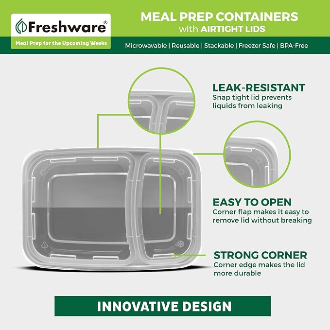 Freshware Meal Prep Containers with Lids 28 oz [25 Pack] 2-Compartment Food Storage Containers, Bento Box Lunch Containers, BPA Free, Airtight, Stackable, Reusable, Microwave/Dishwasher/Freezer Safe - Image 5