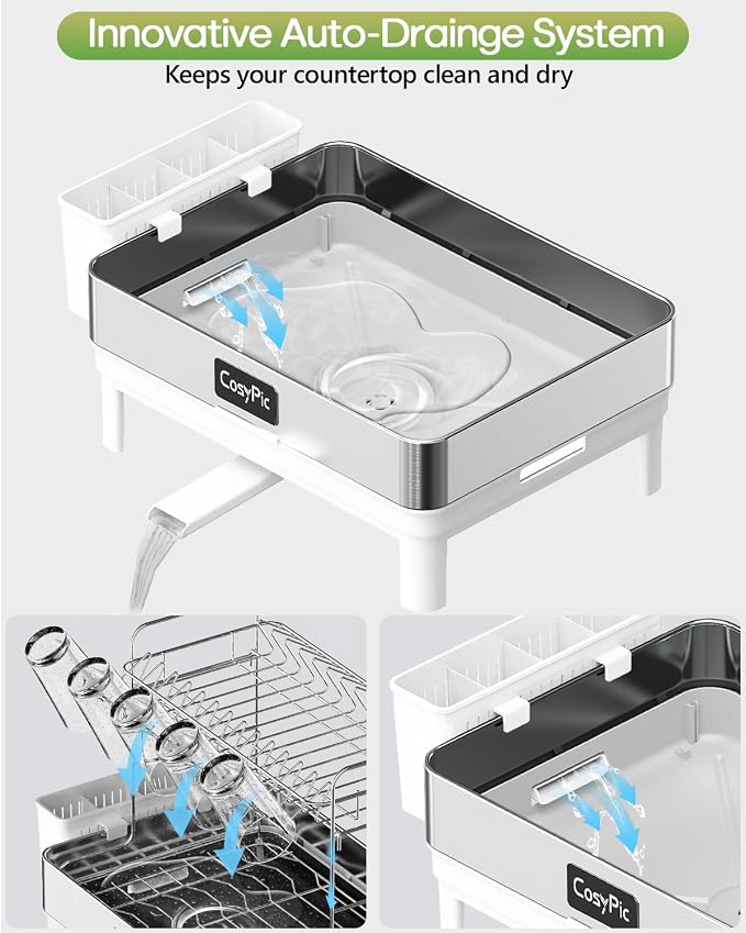 2 Tier Dish Drying Rack, Thicker Premium 304 Stainless Steel Dish Racks for Kitchen Counter, Automatic Drainage Spout, Dish Drainer & Drainboard Set with Utensil Holder and Cup Holder, White - Image 5