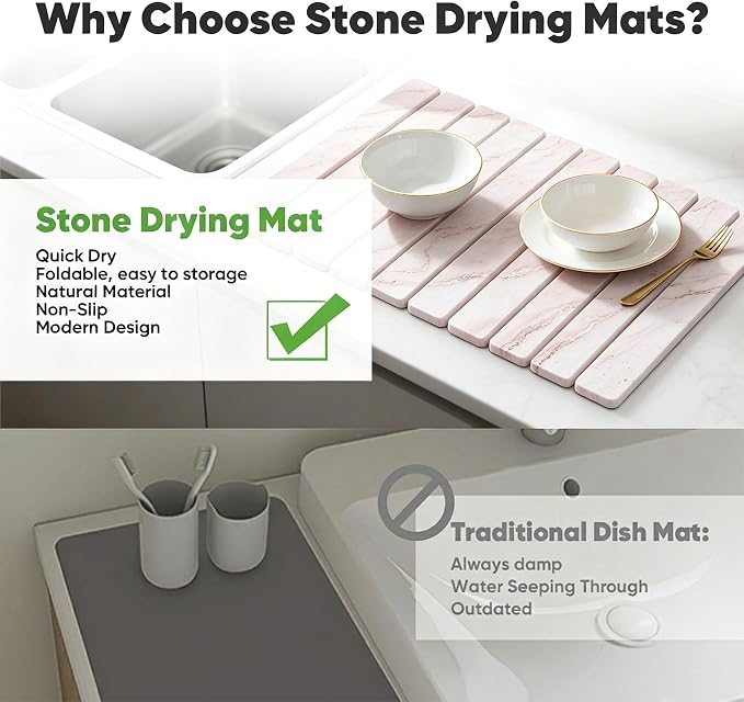 Stone Drying Mat for Kitchen Counter, Quick Diatomaceous Earth Mats for Dishes, 24"L x 16" W Super Absorbent Fast-Drying Collapsible Countertop Stone Mat (Marble White-07, 24" x 16") - Image 3