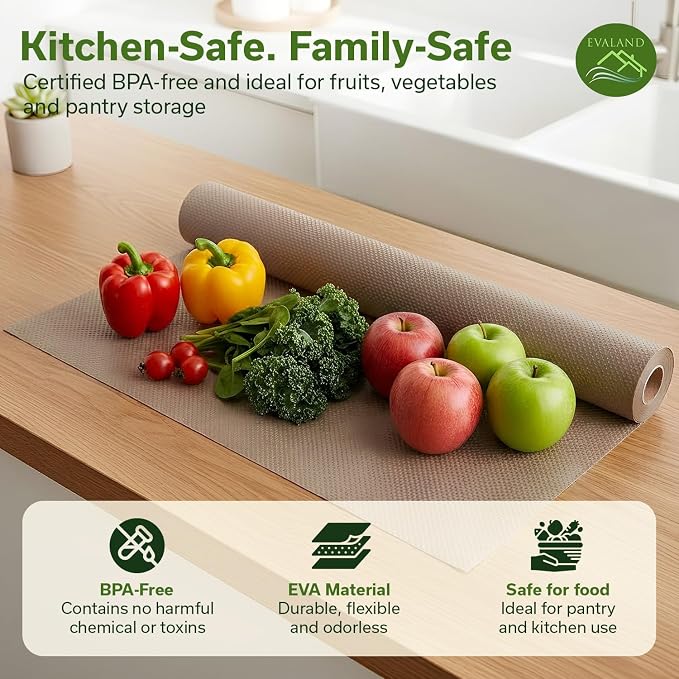 EVALAND Shelf Liner Cabinet Liner Non-Adhesive Drawer Liner 17.7 in x 33 FT | Non-Slip, Washable, Waterproof, Fridge Liners, Contact Paper, Shelf Liners for Cabinets, Kitchen, Refrigerator, Beige - Image 6