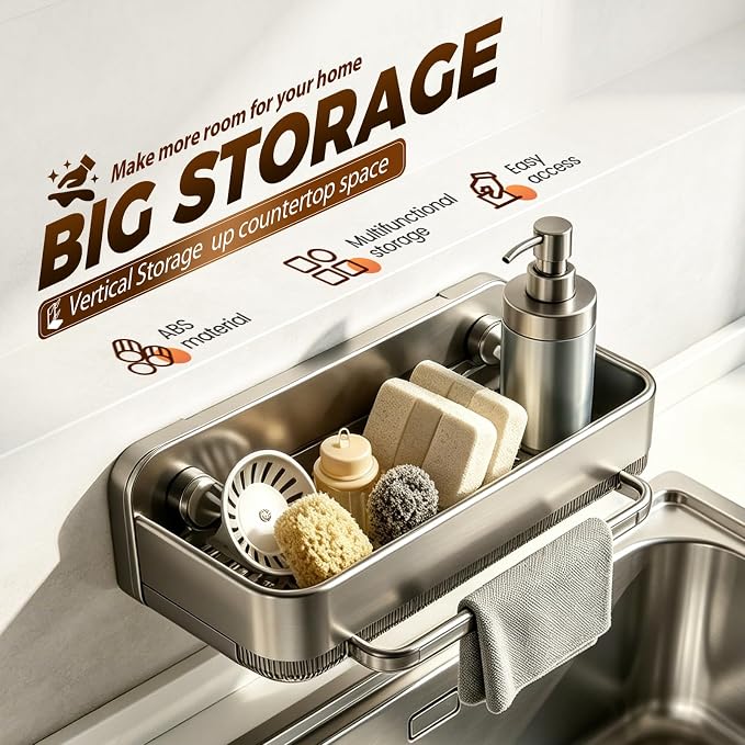 Sponge Holder for Kitchen Sink,2026 Sink Caddy Organizer with Suction Cups,Rustproof Kitchen Storage Rack for Sponge,Soap,Stopper,Brush (1, A-Creamy) - Image 2
