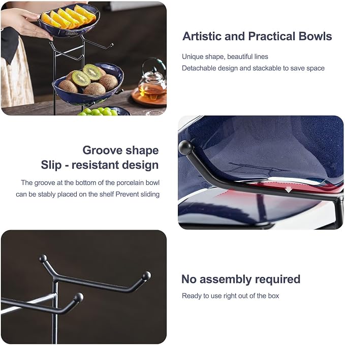 3 Tier Ceramic Fruit Bowl for Kitchen Counter | Tiered Fruit Basket for Countertop, Serving Tray for Food, Vegetable, Cake, Dessert in Party(Dark Blue) - Image 3