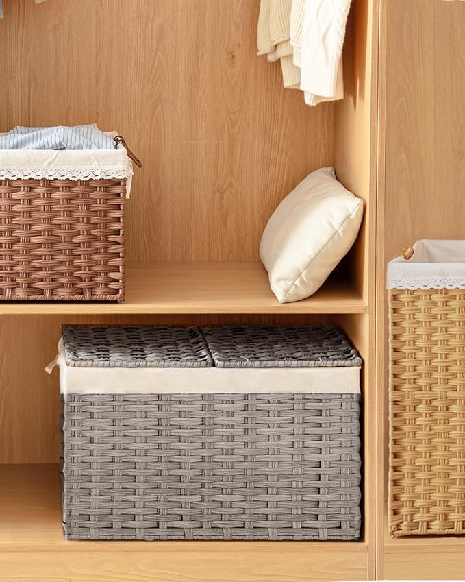 SETVSON Storage Basket with Lid Wicker Baskets for Storage, 160L Gray | Dual Lid Jumbo Blanket Storage Trunk, Divided Clothes Organizer, 2 Washable Liner Bags, Collapsible PE Rattan Bin - Image 7