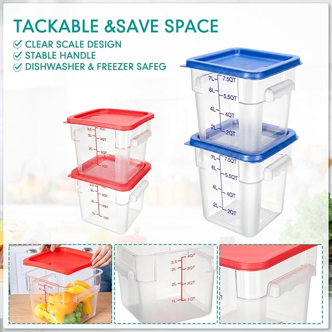 Lallisa 4 Pcs 8qt & 4qt Clear Food Storage Containers with Lids Handles and Scales, Stackable Plastic Square Food Storage Containers for Dough Proofing Baking Kitchen Restaurant(Red, Blue) - Image 3