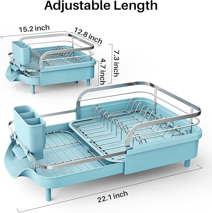 SNTD Expandable Dish Drying Rack for Kitchen Counter, 15.2-22.1 in, Blue | Rust-Resistant Stainless Steel, Protective Side Rails, Self-Draining Drainboard, Removable Utensil Holder - Image 2
