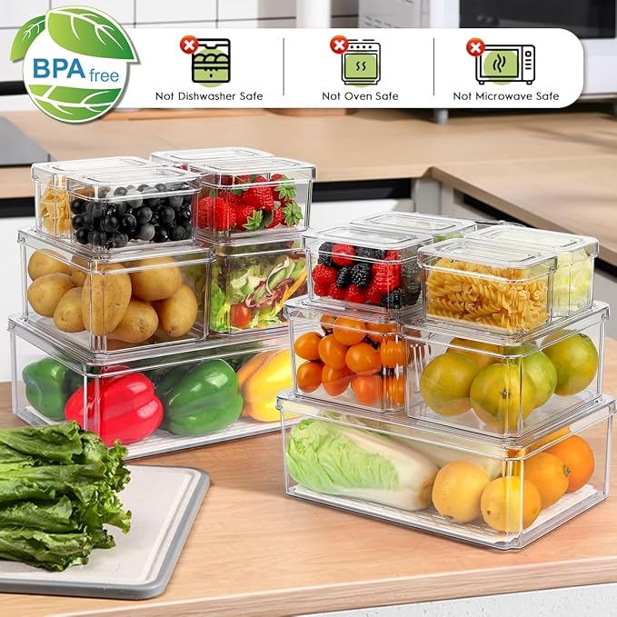 14Pack Fridge Organizer, Stackable Refrigerator Organizer Bins with Lids | BPA-Free Clear Plastic Storage Containers For Kitchen Cabinets, Fridge, Drinks, Fruits, Vegetables, Cereals, Counter Storage - Image 3