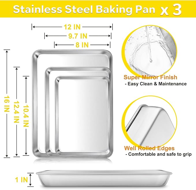E-far Baking Cookie Sheet Pan Set of 3, 16/12.4/10.4 Inch, Stainless Steel Baking Pans Set for Oven, Rectangle Baking Tray for Cooking Roasting, Non Toxic & Easy Clean, Dishwasher Safe - Image 2